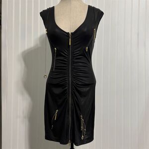 VTG‎ Rocawear M Black Bodycon Dress Gold Zippers Chains Y2K Streetwear Glam